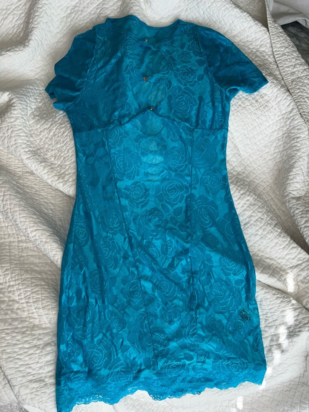 Teal Floral Lace Short Sleeve Dress